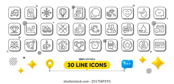 Transporte de caminhão, relógio despertador e Squad linha ícones pack. Elementos de design 3d. Dinheiro, notícias falsas, Ranking estrelas ícone web. Imposto sobre o dinheiro, diagrama de blocos, pictograma de estrela de fidelidade. Vetor