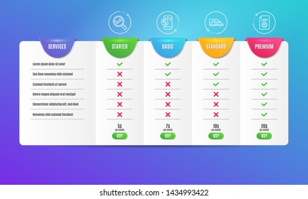 Truck transport, Analytics and Phone repair icons simple set. Comparison table. Technical documentation sign. Delivery, Audit analysis, Spanner service. Manual. Technology set. Pricing plan. Vector