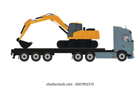 Truck Transport Excavator. Vector Illustration