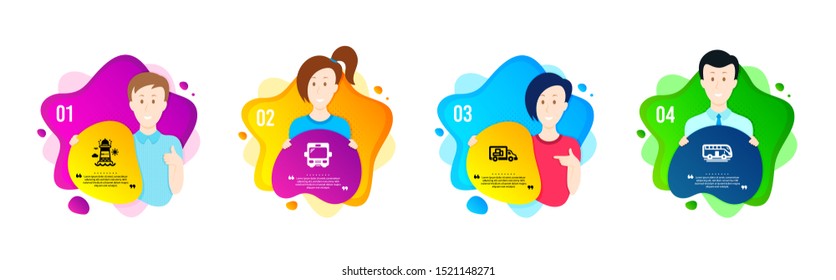 Truck transport, Lighthouse and Bus icons simple set. People shapes timeline. Bus tour sign. Delivery, Beacon tower, Tourism transport. Transportation set. Dynamic shape offer. Vector
