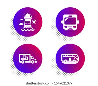 Truck transport, Lighthouse and Bus icons simple set. Halftone dots button. Bus tour sign. Delivery, Beacon tower, Tourism transport. Transportation set. Classic flat truck transport icon. Vector