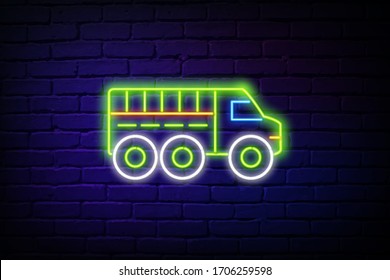 Truck transport line icon. Neon laser lights. Transportation vehicle sign. Delivery logistics symbol. Glow laser speech bubble. Neon lights chat bubble. Banner badge with truck delivery icon. Vector