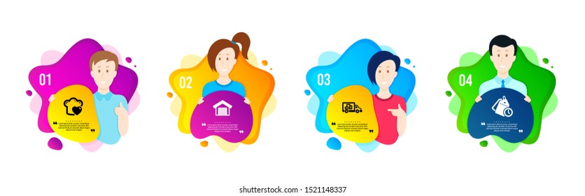 Truck transport, Love cooking and Parking garage icons simple set. People shapes timeline. Time management sign. Delivery, Chef hat, Car place. Clock tags. Business set. Dynamic shape offer. Vector
