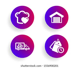 Truck transport, Love cooking and Parking garage icons simple set. Halftone dots button. Time management sign. Delivery, Chef hat, Car place. Clock tags. Business set. Vector
