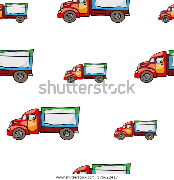 Truck transport seamless pattern with\
children\'s baby funny cute toy cars hand-drawn painted hand\
hand-drawing child colorful cartoon vector illustration with set of\
isolated elements white\
background