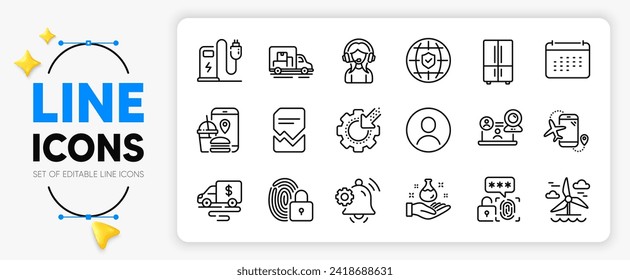 Truck transport, Windmill and Refrigerator line icons set for app include Biometric security, Food app, Global insurance outline thin icon. Seo gear, Corrupted file. Vector