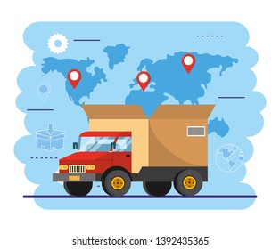 truck transportation with box package to delivery service