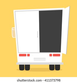 Truck for transportation cargo. Vector illustration. Isolated on yellow background. Cartoon truck. White truck. Delivery of cargo