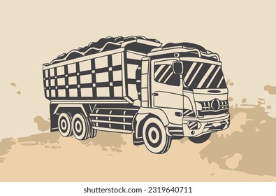truck transportation of drawing ink. Classic American Truck. Black and white illustration. Diesel motor rig blank courier carry weighted supply view on white road text space.