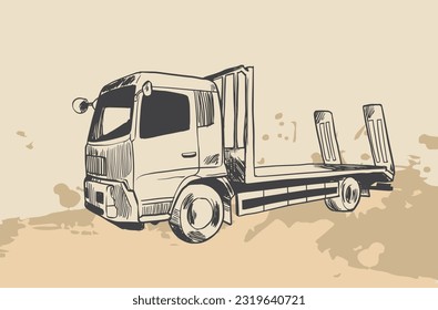 truck transportation of drawing ink. Classic American Truck. Black and white illustration. Diesel motor rig blank courier carry weighted supply view on white road text space.