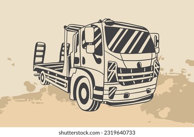 truck transportation of drawing ink. Classic American Truck. Black and white illustration. Diesel motor rig blank courier carry weighted supply view on white road text space.