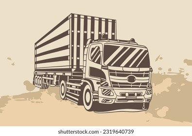 truck transportation of drawing ink. Classic American Truck. Black and white illustration. Diesel motor rig blank courier carry weighted supply view on white road text space.