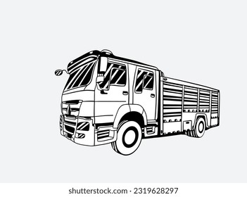truck transportation of drawing ink. Hand Drawn Engraving Pen and Ink Truck Vintage Vector Illustration. Fire Truck drawing. Classic American Truck. Black and white illustration