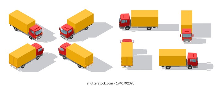 Truck transportation. Fast delivery or logistic transport. Easy colour change. Detailed trucks. Cargo delivering vehicle template vector isolated on white view Isometry front, back