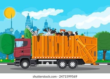 Truck transportation garbage. Car waste disposal. Can container for various garbage. Waste segregation sorting. Recycling and utilization equipment. Waste management. Vector illustration flat style