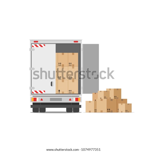 Truck for transportation of goods loaded with\
cardboard boxes. Delivery truck with a bunch of boxes. Concept of\
moving to a new house. Vector stock illustration in flat style\
isolated on white
