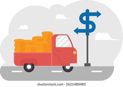Truck transportation of money dollar in back on highway road,

