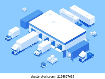 Truck transportation parked unloading box pallet at warehouse isometric vector illustration. Freight export import shipment cargo delivery service storehouse supply industrial business container