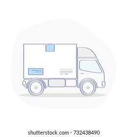 Truck, Transportation Service icon concept. Delivery Van carries a Package. Flat outline vector illustration on white background. Modern design element.