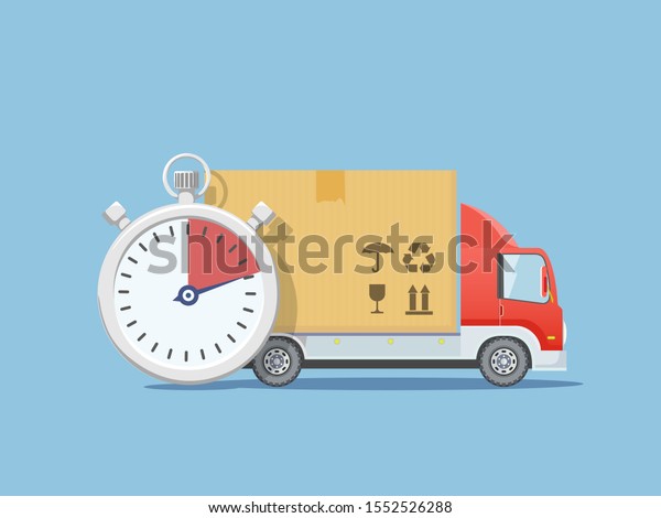 Truck transportation.\
Stopwatch with cardboard box. Cargo delivery and moving service.\
Vector icon