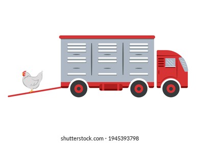 Truck For Transporting Agricultural Poultry. Colored Illustration In Red And Gray. Suitable For The Design Of Articles, Websites, On The Agricultural Topic.