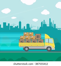 Truck transporting containers and boxes. cargo delivery. Stock vector illustration.