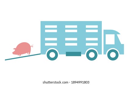 Truck for transporting livestock and pigs with the image of a pink pig with a tag on the ear. Color illustration in green and gray. Flat vector image.