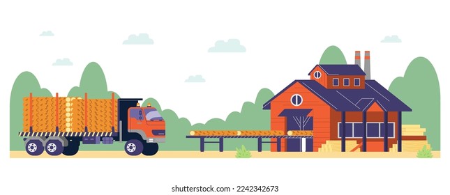 Truck transporting logs to sawmill factory, flat vector illustrations isolated on white background. Sawmill and lumber-mill factory building and facilities.