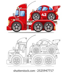 The truck is transporting a sports car. Coloring. Side view. Isolated on white background. Vector illustration.