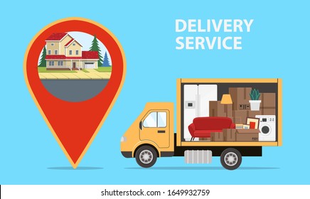 Truck is transporting things to the large Map location icon with a house inside. Delivery service. Concept for transport company for relocation. Vector illustration in flat style.