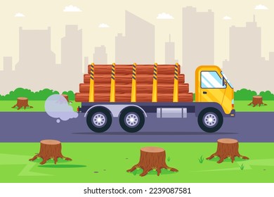 truck transporting wood. meadow with stumps. flat vector illustration.