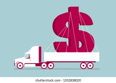 Truck transports dollar sign. Isolated on blue background.