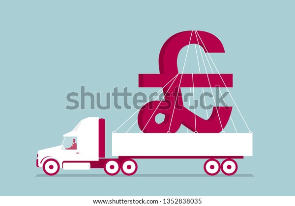 The truck transports the pound sign. Isolated\
on blue background.
