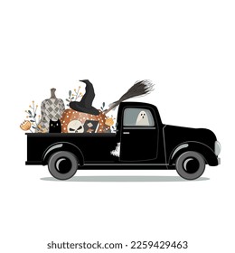 Truck or Treat Halloween Spooky Pick-up Vector. Cute characters bat, cat, pumpkin, broom, and ghost. Halloween Party isolated design element illustration. Holiday fun vector invitation background