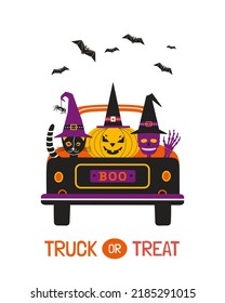 Truck or Treat Halloween Spooky Scary Cute Vector. Cute characters pumpkin, skull, black cat in witch hat. Spooky Halloween symbol in pickup illustration design element. Holiday celebration background