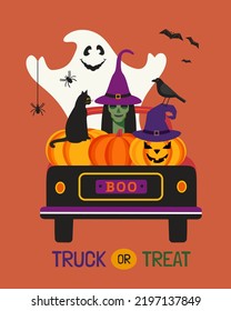Truck Treat Halloween Spooky Scary Cute Vector  Cute characters pumpkin  witch  black cat  ghost  Spooky Halloween symbol in pickup illustration design element  Holiday fun invitation background