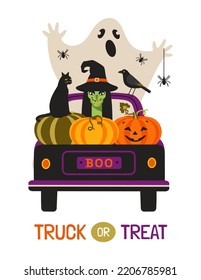 Truck Treat Halloween Spooky Scary Cute Vector  Cute characters pumpkin  witch  black cat  ghost  Spooky Happy Halloween isolated design element illustration  Holiday fun invitation background