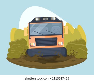Truck trial sport rally. Overcoming mud barriers on the off-road vehicle. Vector illustration