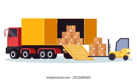 Truck unload forklift distribution delivery van service concept. Vector graphic design illustration