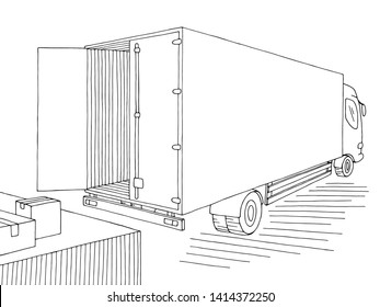 Truck unloading in the stock black white sketch illustration vector