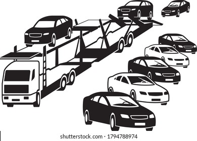 Truck unloads at a car dealership – vector illustration