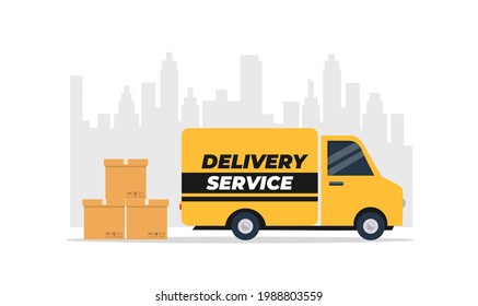 Truck used for deliveries isolated on white background. Delivery service van with boxes. Vector stock