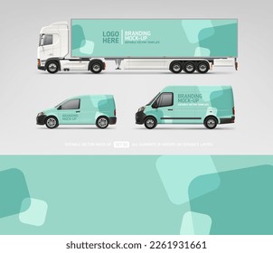 Truck and Van Brand Identity Mock-Up set with blue and white abstract design. Business Car mockup template.  Editable vector template