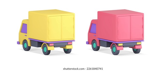 Automóvil de entrega de camionetas de camioneta con transporte de carga de contenedor retrovisor 3d conjunto de ilustraciones vectoriales realistas. Camión de carga de vehículo postal trasladando objetos personales en línea orden de compra