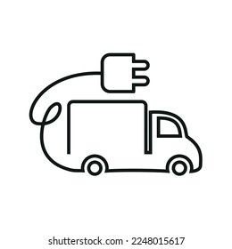 Truck and van icon with a wire with a socket for charging. Electric car icon in thin lines.