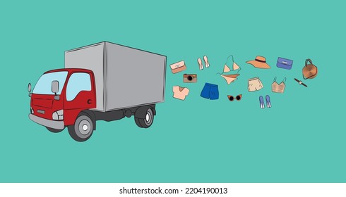 Truck van of rides at high speed for product delivery. Concept of the e commerce service. Illustration design of truck fast shipping. Vector flat style isolated on background e-commerce application.  