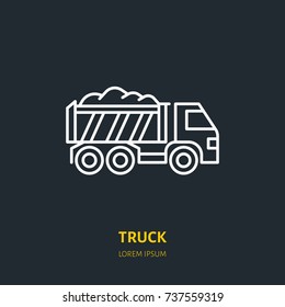Truck vector flat line icon. Transportation logo. Illustration of commercial vehicle, industrial equipment rent.