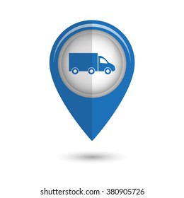 Truck - vector icon;  blue map pointer