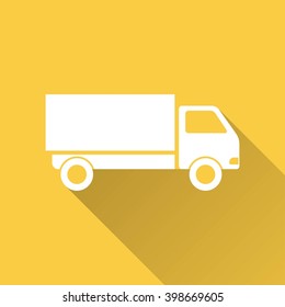 Truck   vector icon with long shadow. White illustration isolated on yellow background for graphic and web design.  