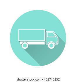 Truck vector icon with long shadow. White illustration isolated on green background for graphic and web design.